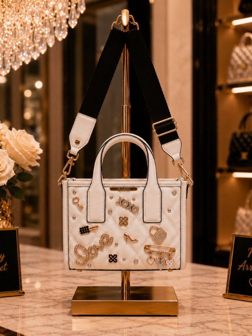 ALDO's Crossbody Charm Bag White with black wide strap and carry handles NWT